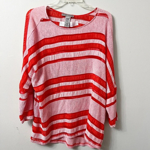 Sharon Young Womens Red Striped Top Large Long Sleeve Relaxed Crinkle - Picture 8 of 8